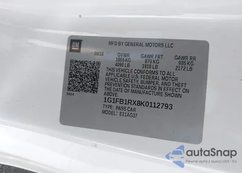 2019 Chevrolet Camaro 1Lt z USA, uszkodzony, nr VIN 1G1FB1RX8K0112793